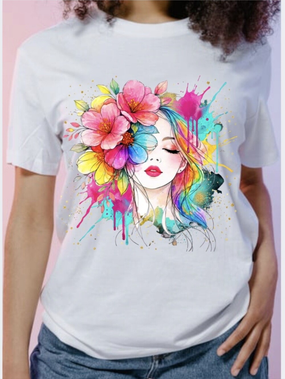 Luxury Watercolor Floral Baddie Graphic Tee - Size L